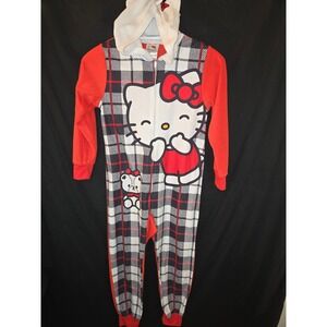 Kids Hello‎ Kitty Plaid Hooded Pajama Onepiece Sleepwear S 6/6x Red Black White